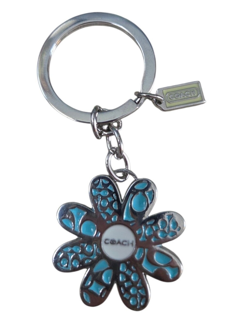 Coach Enamel Signature Daisy Flower Bag Charm Keychain,Turquoise, NEW